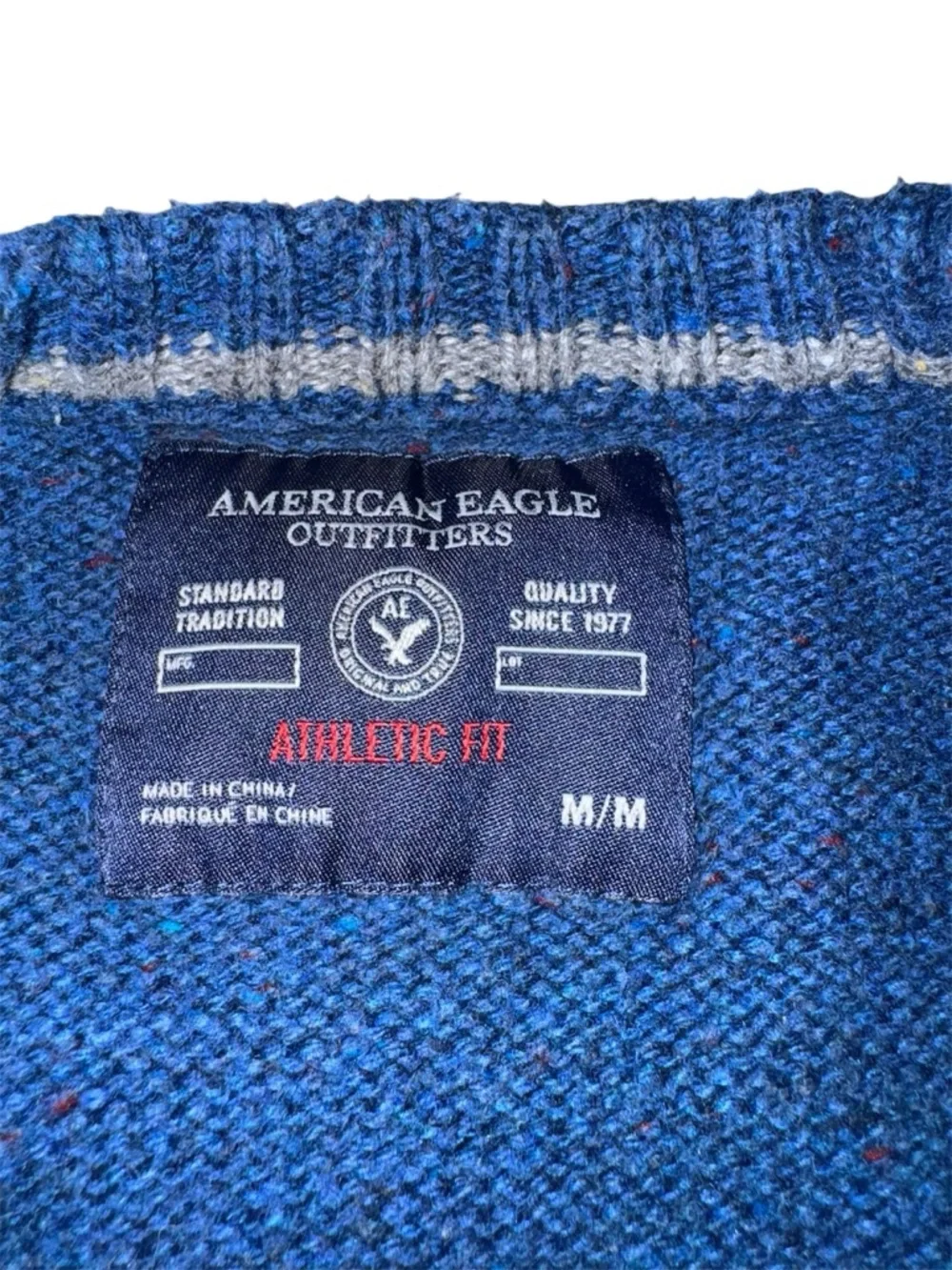 American Eagle Blue Crewneck Sweater Elbow Patch Logo Cotton Blend M‎